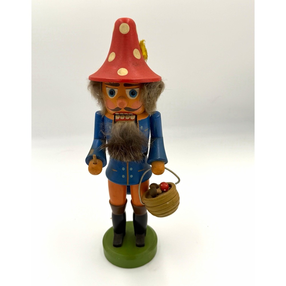 Wood Nutcracker Figure with Basket, Multicolor Polka Dot Hat, Christmas Decor